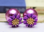 Dobbelt perleøreringe med blomst, lys lilla 